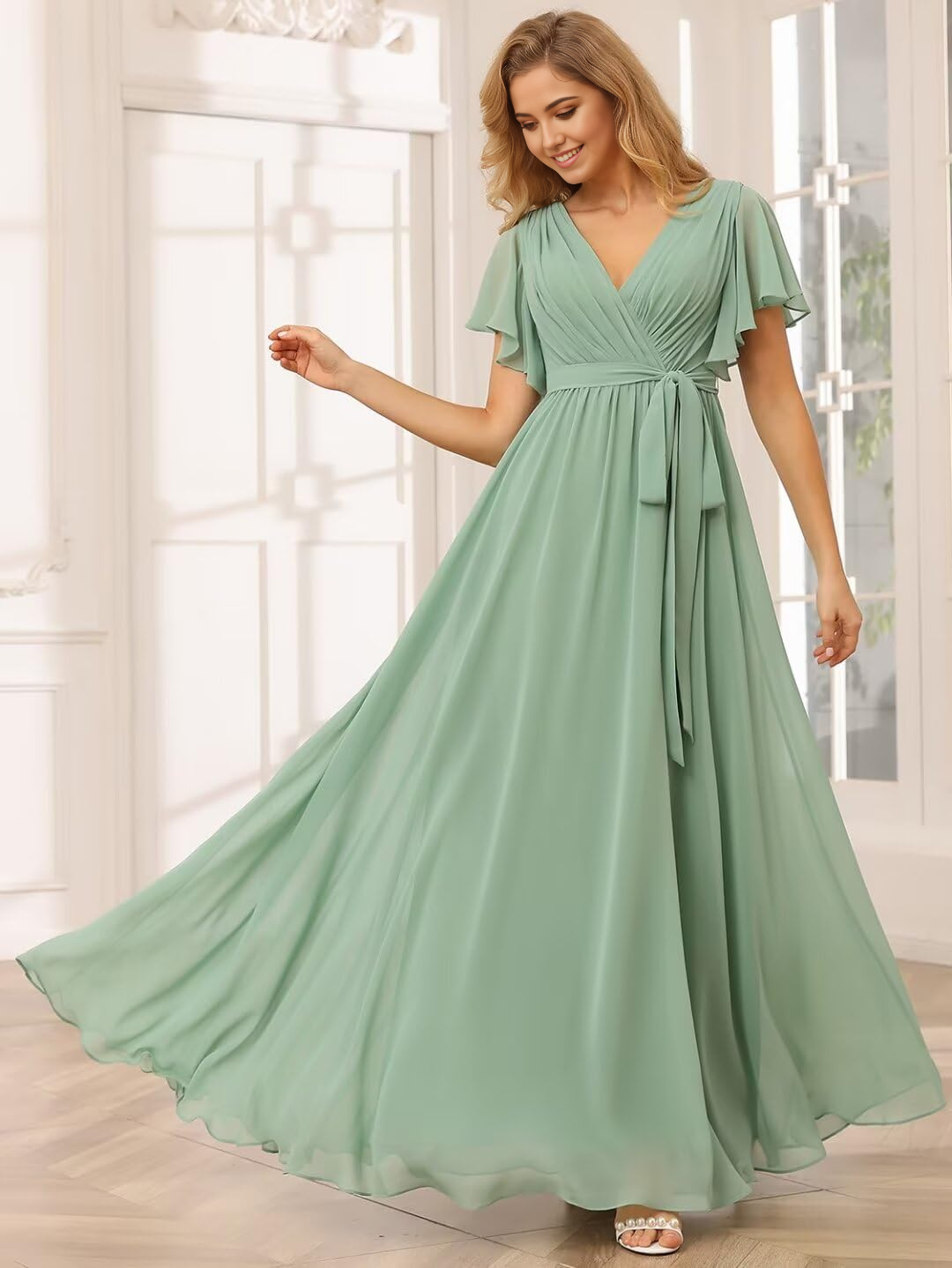 Wholesa A-line V Neck Chiffon Flutter Sleeve formal dresses Bridesmaid Dresses evening gown Prom Dress