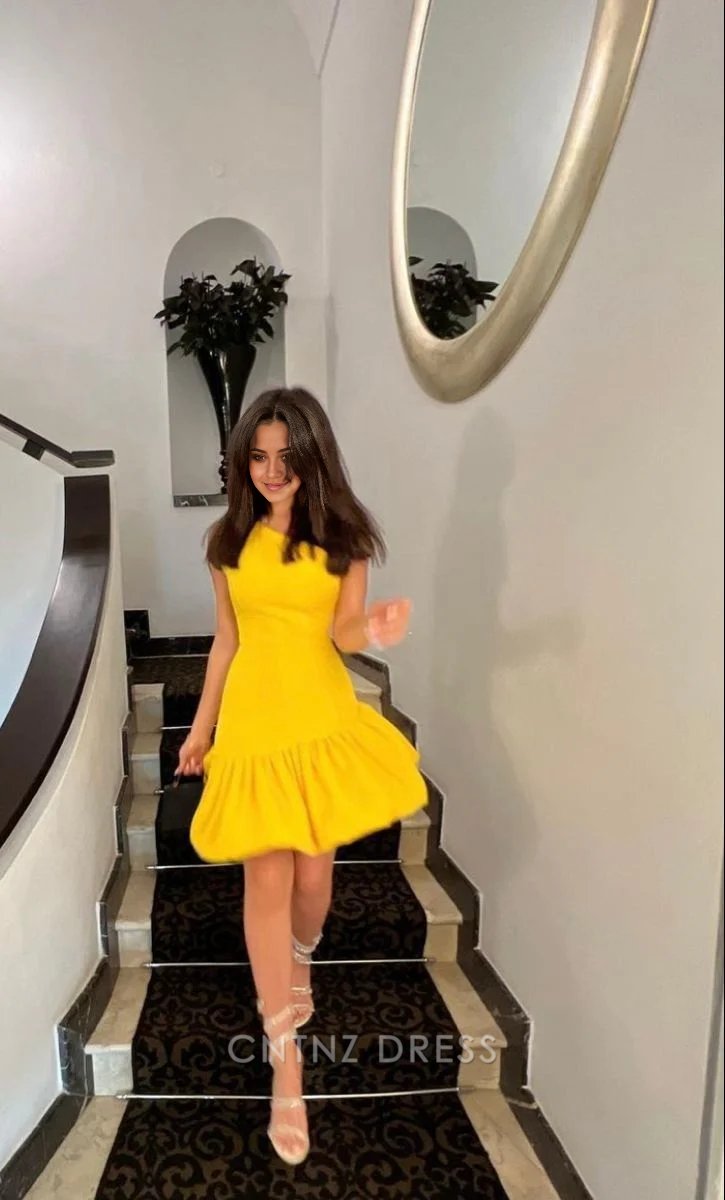 Wholesa A-line One Shoulder Satin Cute Yellow Homecoming Dress formal dresses Bridesmaid Dresses evening gown Prom Dress