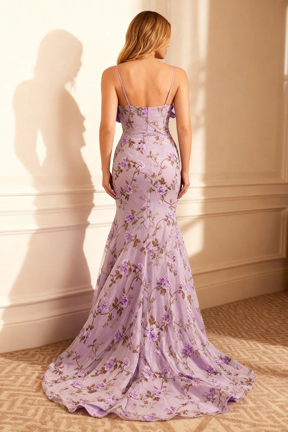 Romantic Formal Women's Dresses Floral Purple Mermaid Spaghetti Strap Deep V Neck Sleeveless with Bow Printing Backless Discount Long Prom Dress