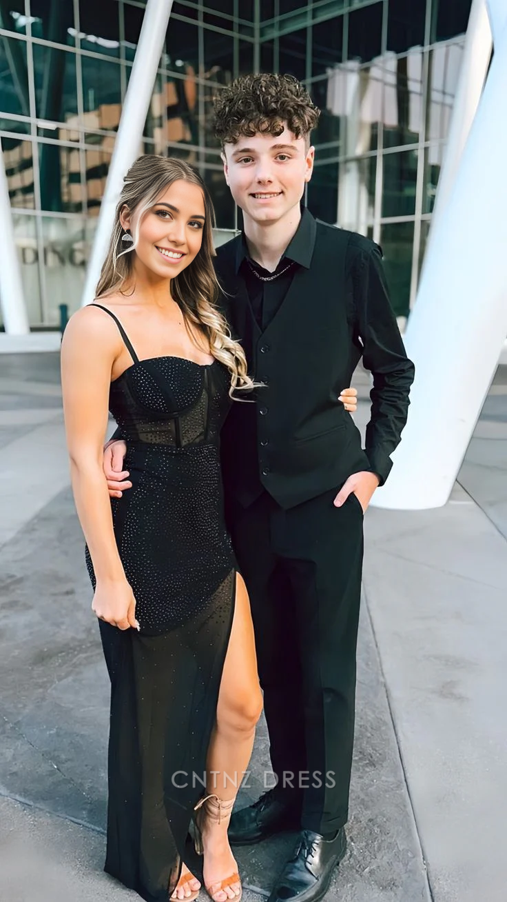 Wholesa Mermaid Spaghetti Straps Sexy Black Tulle Beaded Slit formal dresses Bridesmaid Dresses evening gown Prom Dress