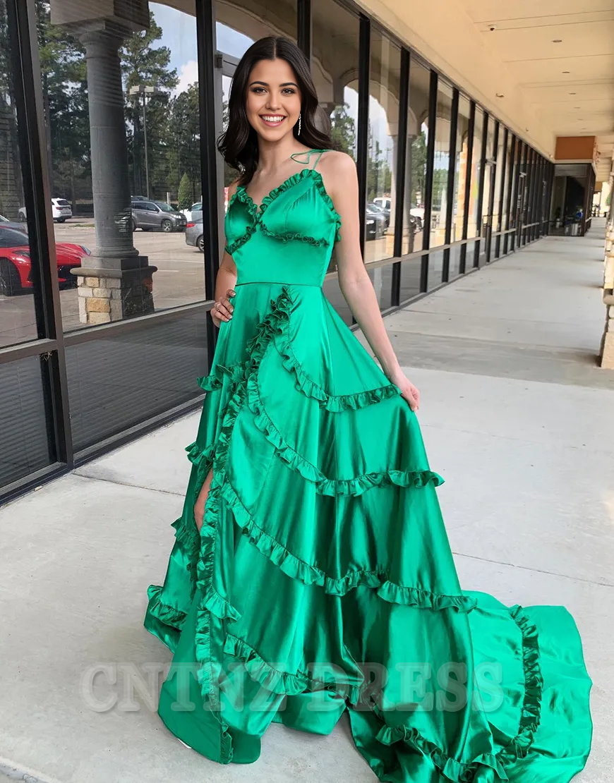 Wholesa A-Line Spaghetti Straps Ruffles Satin Green Long formal dresses evening gown Prom Dress with Slit