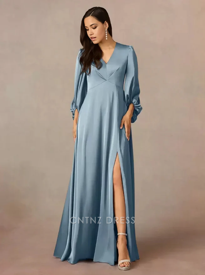 Wholesa A-Line V-Neck 3/4 Length Sleeves Pleated Floor-Length Wedding Guest Dresses Mother of the Bride Dresse