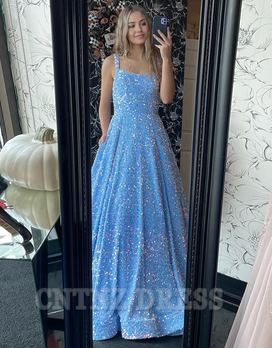 Wholesa A-Line Sparkly Spaghetti Straps Sequins Blue Long formal dresses Bridesmaid Dresses evening gown Prom Dress
