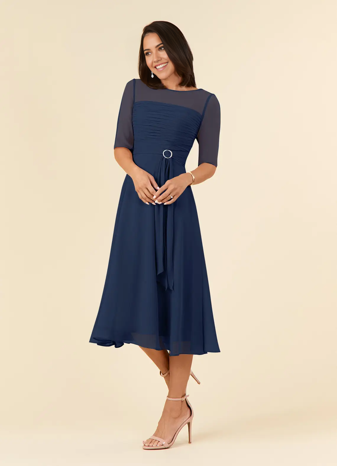 Wholesa A-Line Dark Navy Boatneck Pleated Chiffon Dress Mother of the Bride Dresses