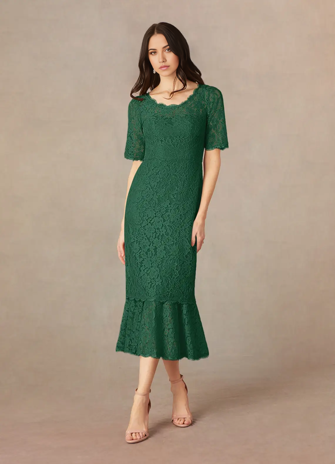 Wholesa Mermaid Crew Neck Short Sleeve Lace Dark Green formal dresses evening dress Mother of the Bride Dresses