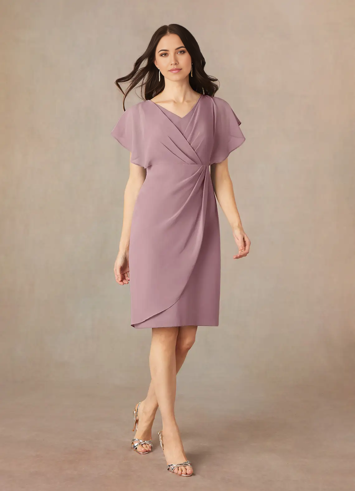 Wholesa Sheath V-Neck Pleated Chiffon Dusty Rose Tea Length formal dresses evening dress Mother of the Bride Dresses