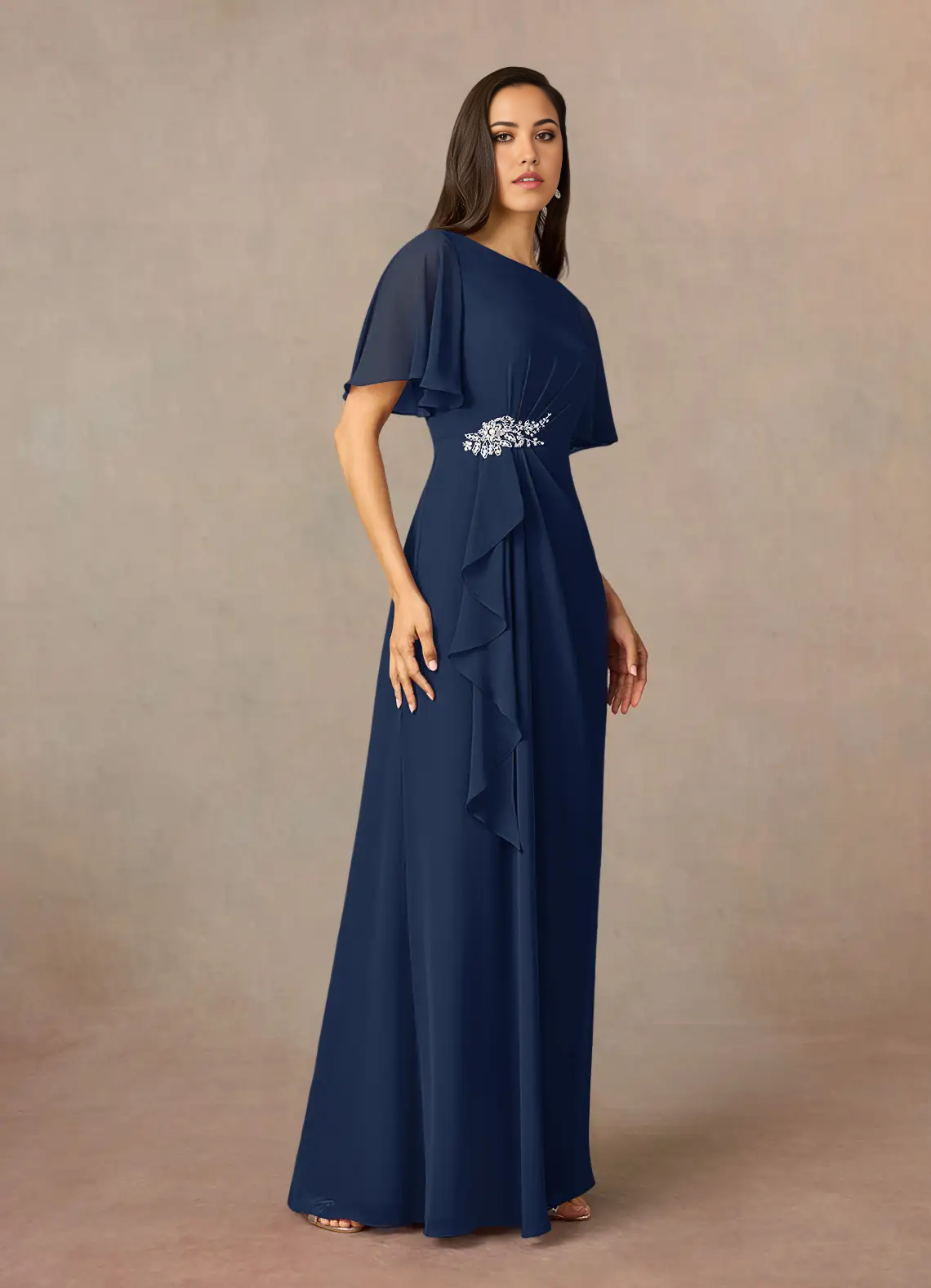 Wholesa Sheath Crew Neck Beaded Chiffon Dark Navy formal dresses evening dress Mother of the Bride Dresses