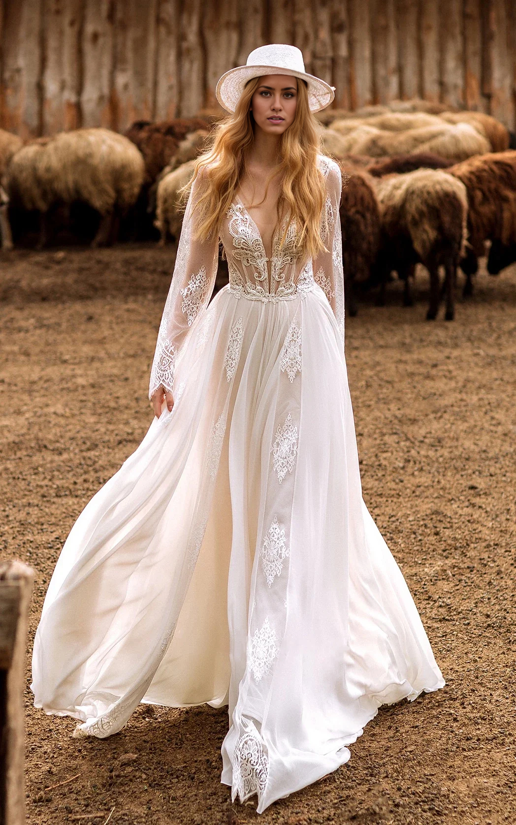 Wholesa A-Line Boho Lace Sleeves Plunging Neckline Sweep Train Wedding – CNTNZ Dresses Wholesale