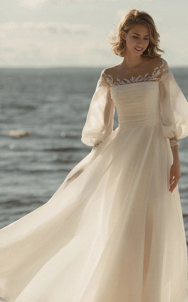 Wholesa A-Line Simple Beach Lace Organza Floor Zipper Low-V Back Wedding Dress with Sheer Sleeve