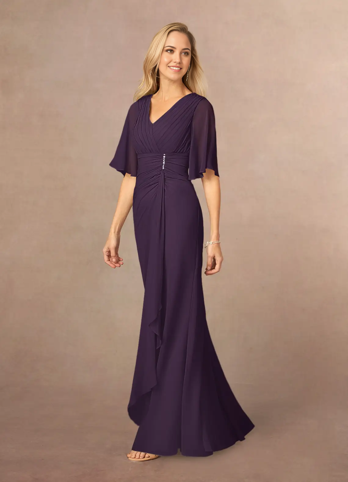Wholesa A-Line V-Neck Lace Chiffon Appliques Plum Mother of the Bride Dresses