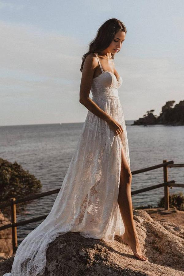 Wholesa A-Line V-Neck Lace Backless Spaghetti Straps Lace Beach Wedding Dress