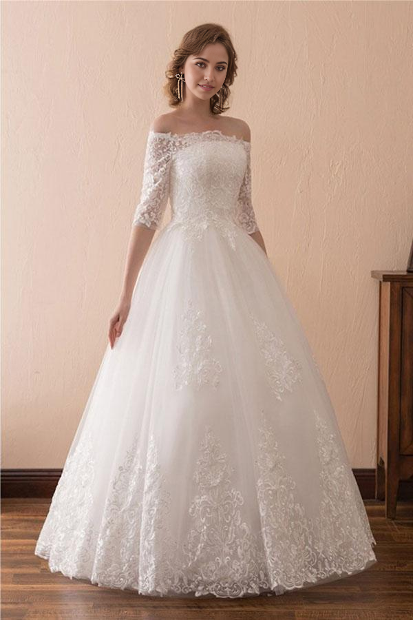 Wholesa A-line Off The Shoulder Lace Ball Gown Wedding Dress With 1/2 Sleeves