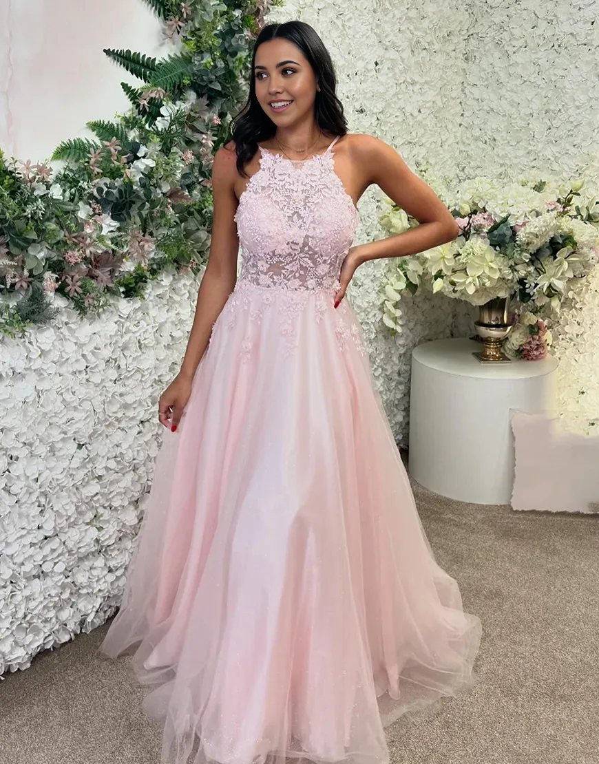 Wholesa A-Line Halter Laced Top Tulle Pink Long formal dresses Bridesmaid Dresses evening gown Prom Dress