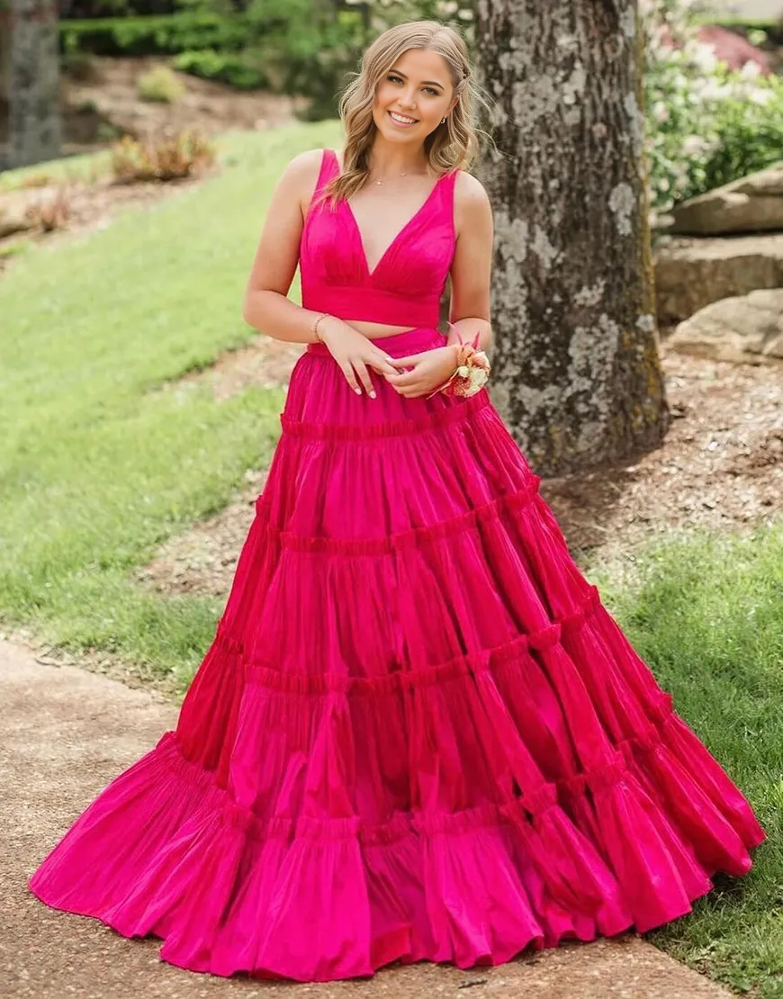 Wholesa Two Piece A-Line V Neck  Ruffled Fuchsia formal dresses evening dress Long Prom Dress