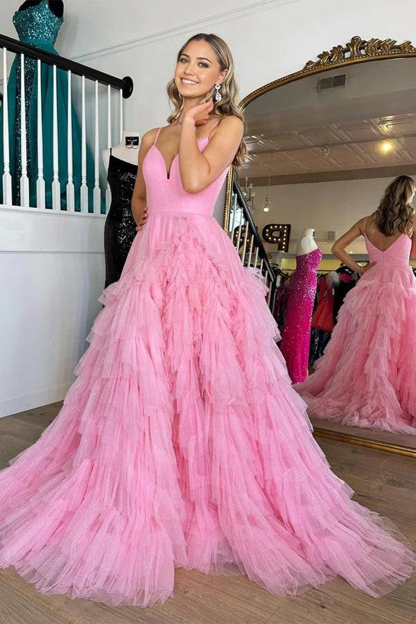 Wholesa A-line V-Neck Tiered Pink Long Prom Dress with Ruffles
