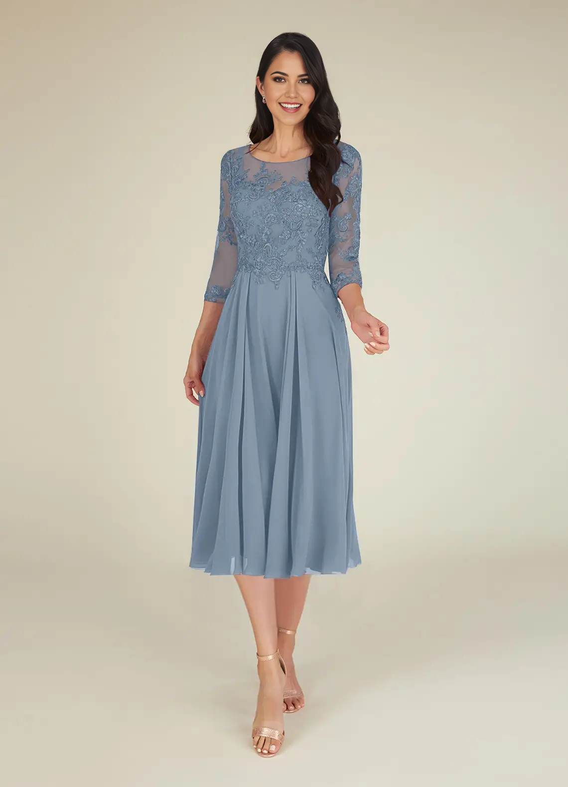 Wholesa A-Line Scoop Lace Chiffon Dusty Blue Mother of the Bride Dresses
