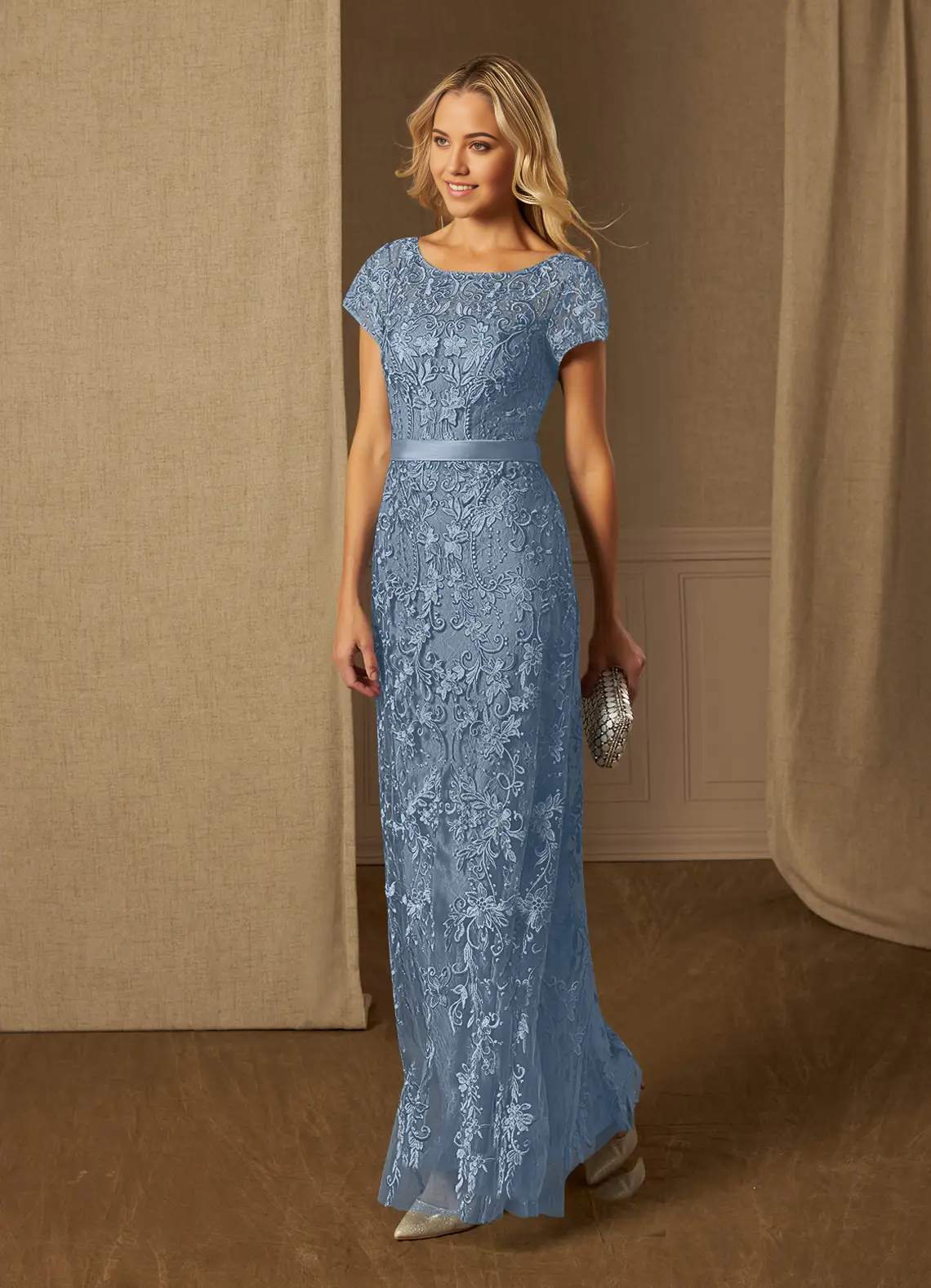 Wholesa Sheath Scoop Lace Appliques Short Sleeve Dusty Blue Mother of the Bride Dresses