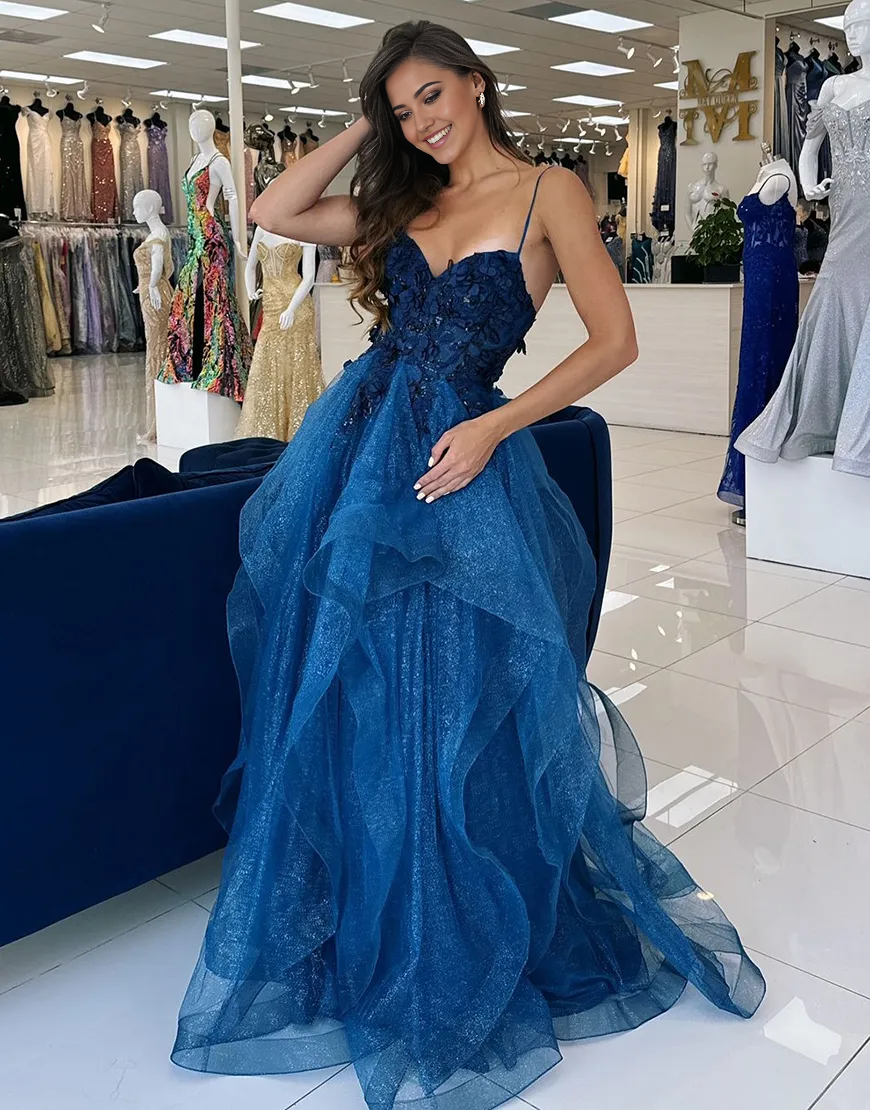 Wholesa A-Line Spaghetti Straps Ruffles Tulle Sparkly Navy Long formal dresses evening dress Prom Dress with Flowers