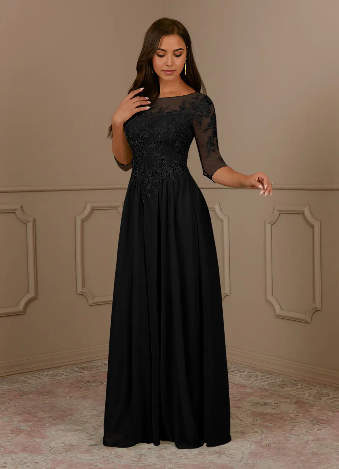 Wholesa A-Line Crew Neck Scoop lace Appliques Black Mother of the Bride Dresses