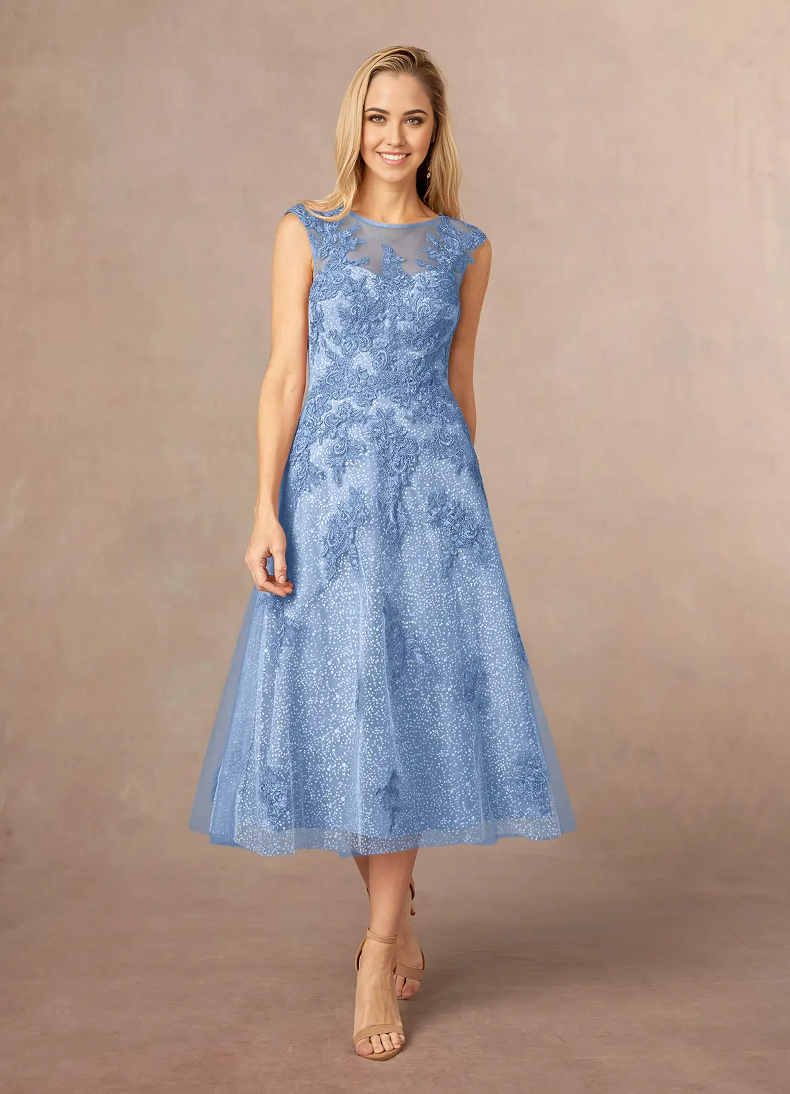 Wholesa A-Line Boatneck Lace Tulle Tea Length Steel Blue formal dresses evening dress Mother of the Bride Dresses