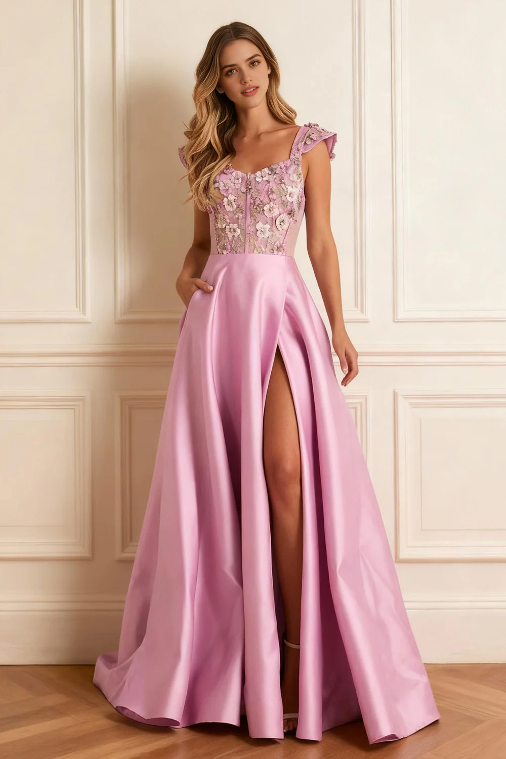 Exquisite Formal Women's Dresses Pink Satin A Line V Neck Cap Sleeve 3D Floral Ruched with Slit Backless Discount Long Prom Dress