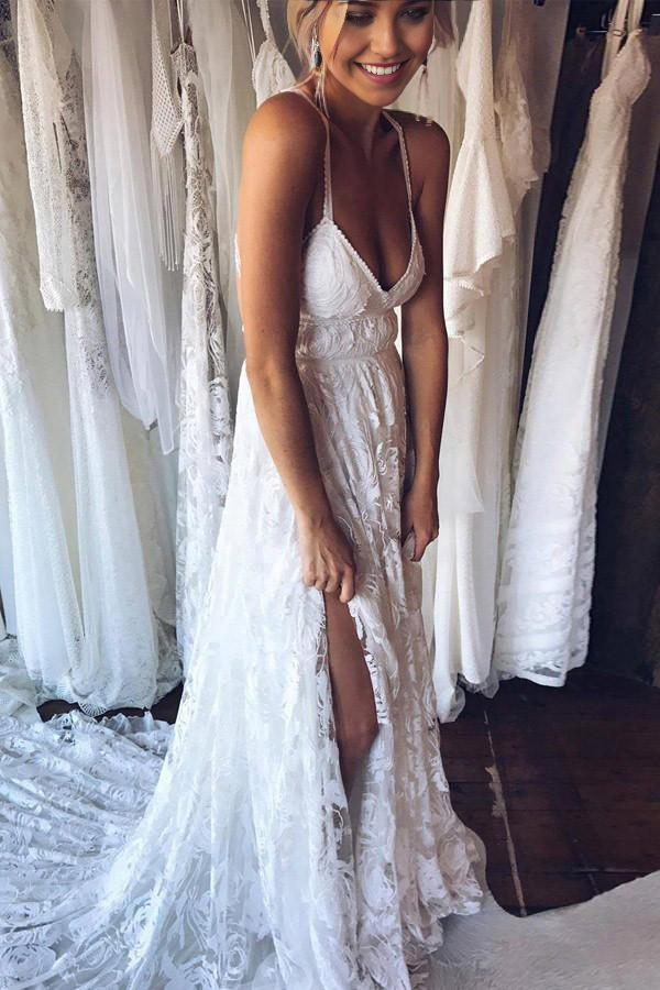 Wholesa A-Line Beach Straps Backless Court Train Lace Wedding Dress
