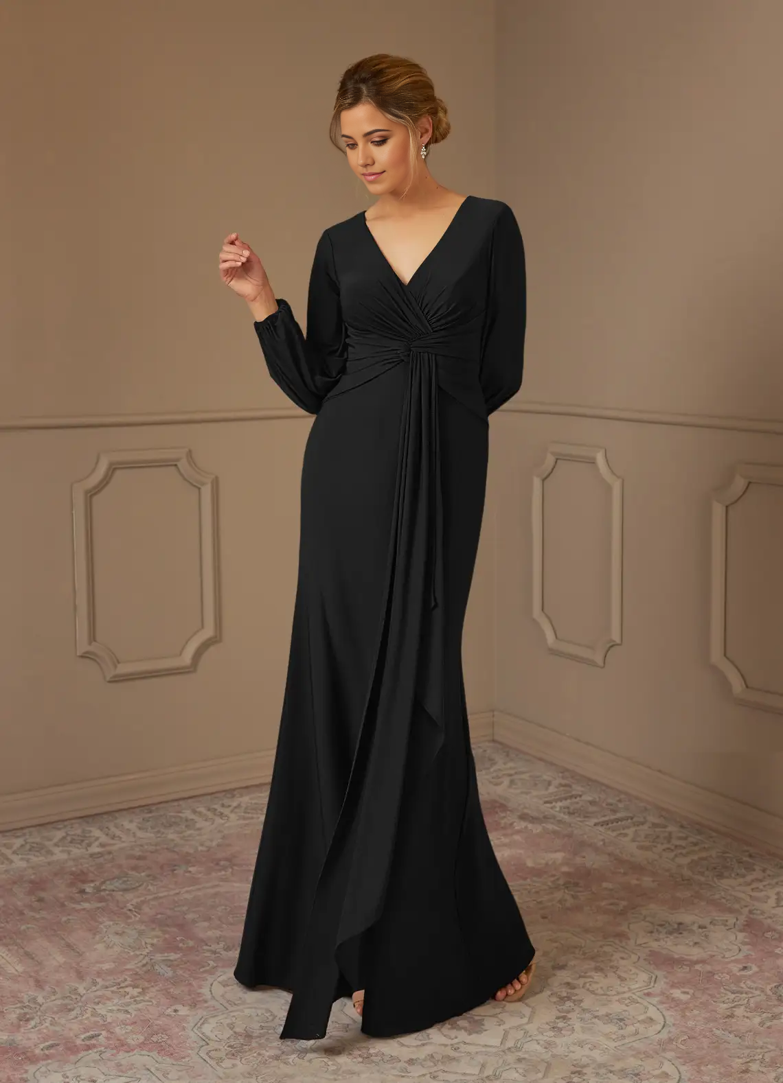 Wholesa Sheath Pleated Long Sleeve Black formal dresses evening dress Mother of the Bride Dresses