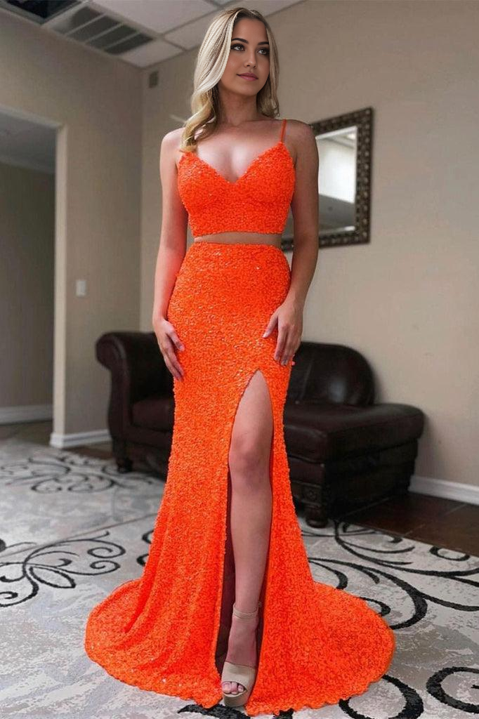Wholesa Mermaid Two Piece Orange Sequins Long Prom Formal Dress
