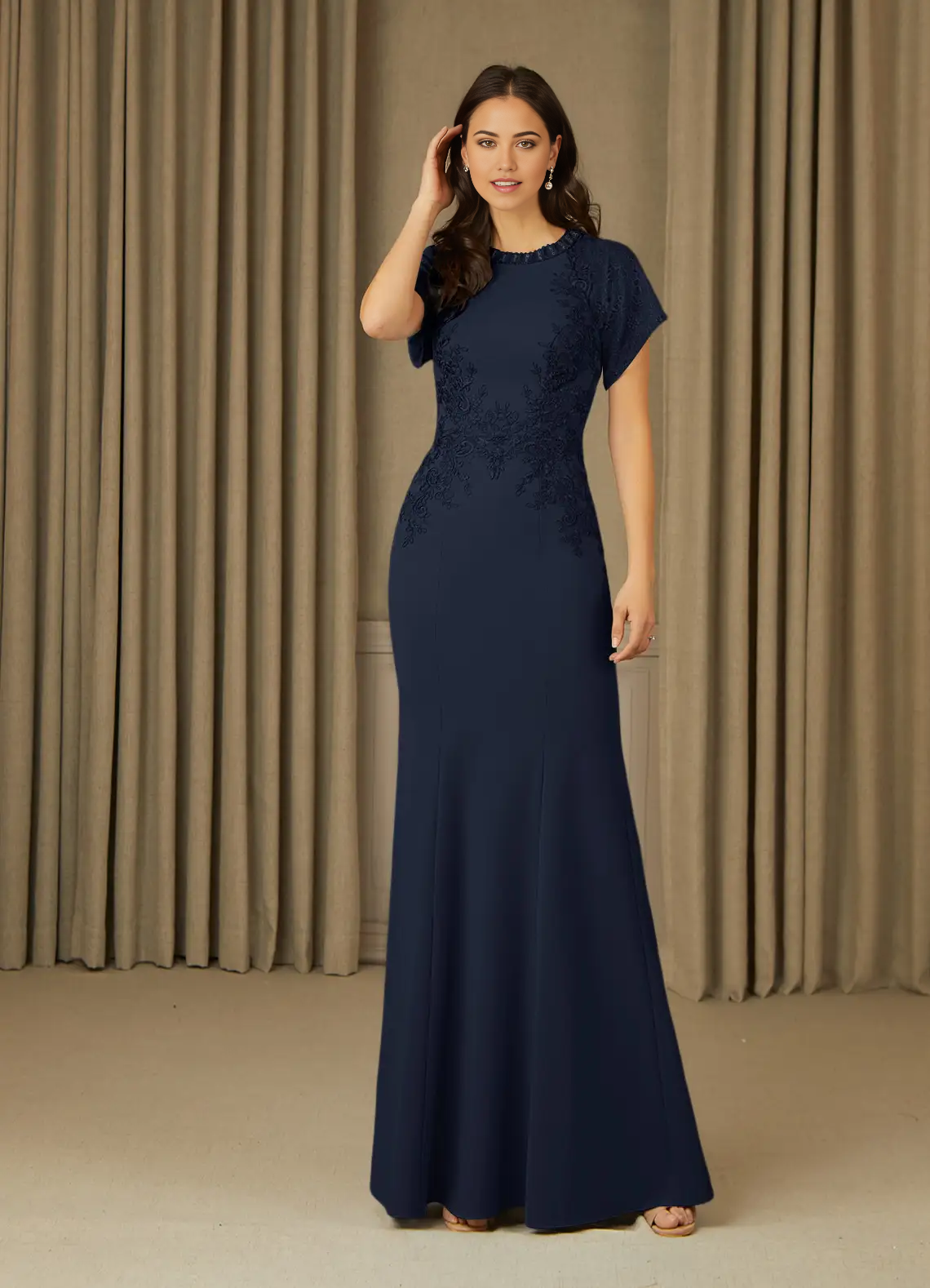 Wholesa Mermaid Crew Neck Lace Dark Navy formal dresses evening dress Mother of the Bride Dresses