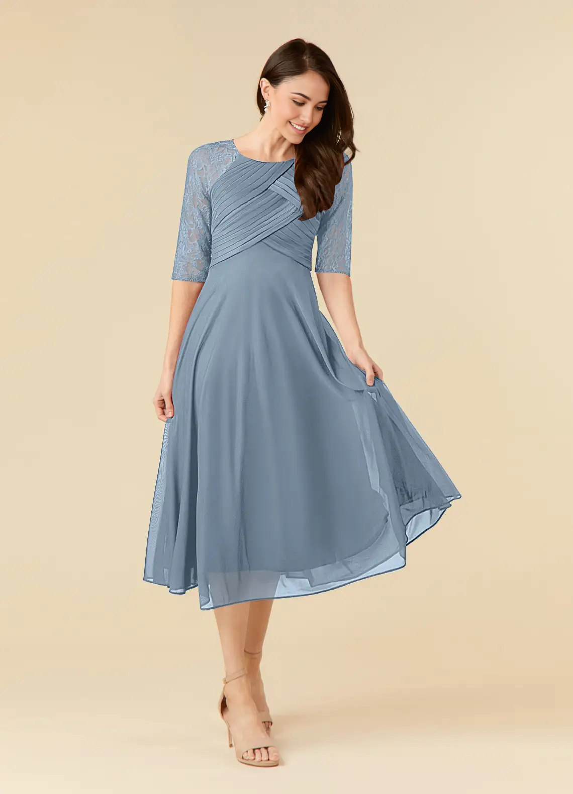 Wholesa A-Line Lace Tea Length Dusty Blue formal dresses evening dress Mother of the Bride Dresses