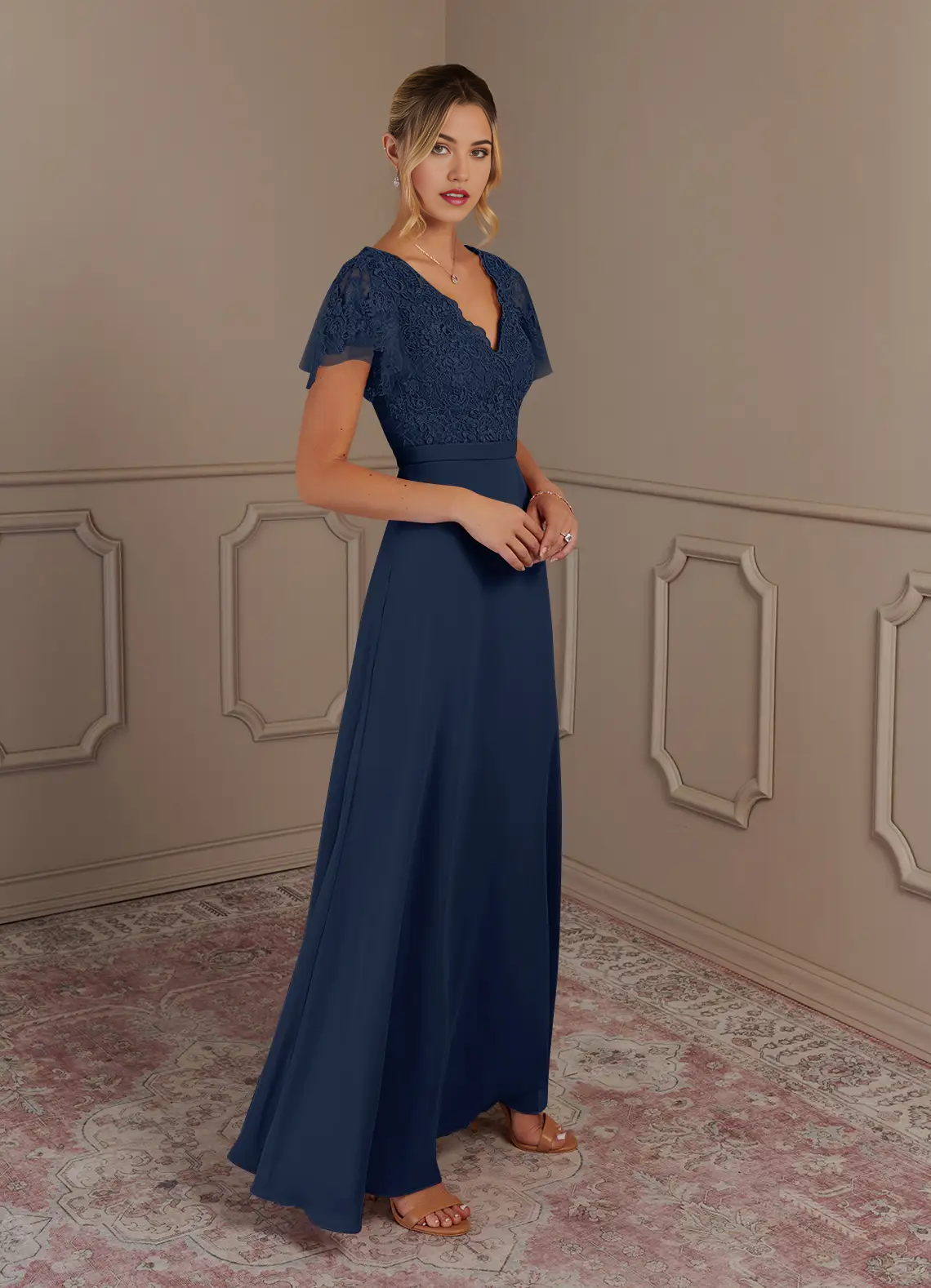 Wholesa A-Line V-Neck Lace Chiffon Dark Navy Mother of the Bride Dresses