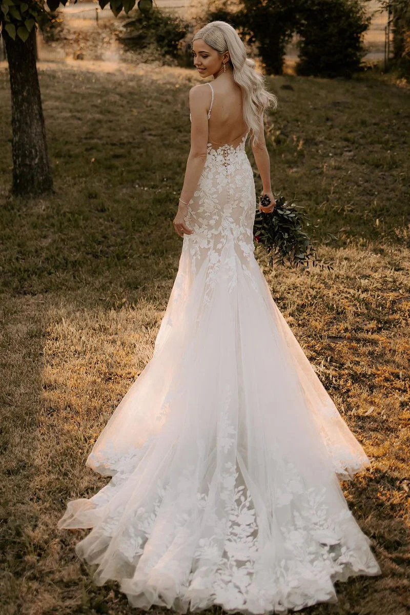 Wholesa Mermaid V Neck Tulle Wedding Dresses with Appliques
