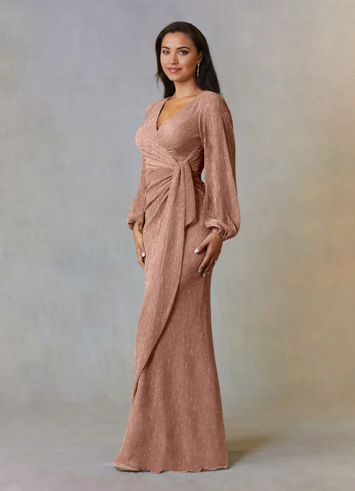 Wholesa A-Line V-Neck Long Sleeve Ruched Rose Gold Mother of the Bride Dresses