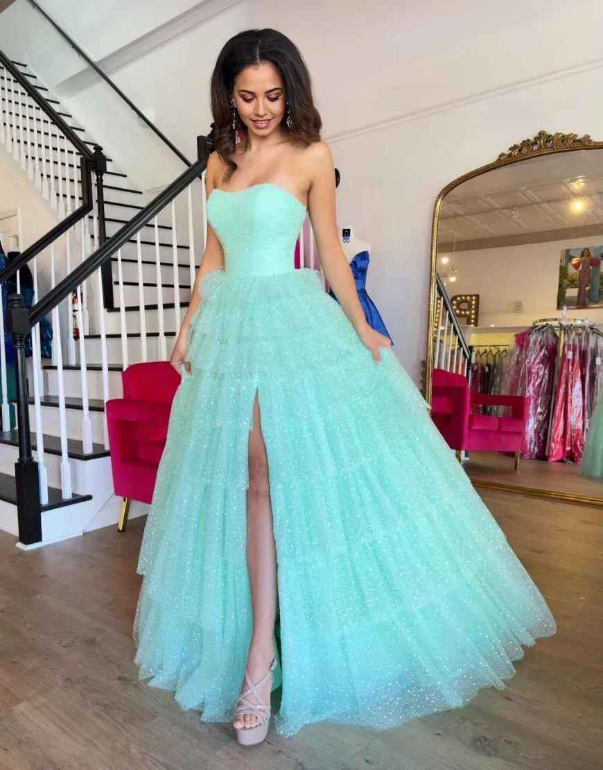 Wholesa A-Line Strapless Ruffles Tulle Sky Blue Long formal dresses evening gown Prom Dress with Slit