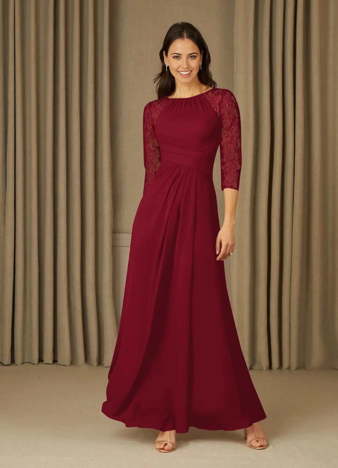 Wholesa A-Line 3/4 Length Sleeve Lace Chiffon Burgundy formal dresses evening dress Mother of the Bride Dresses