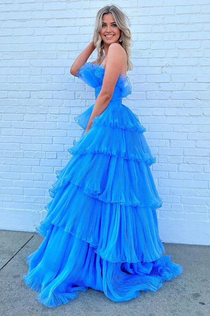 Wholesa A Line Strapless Charming Long Prom Dress with Ruffles