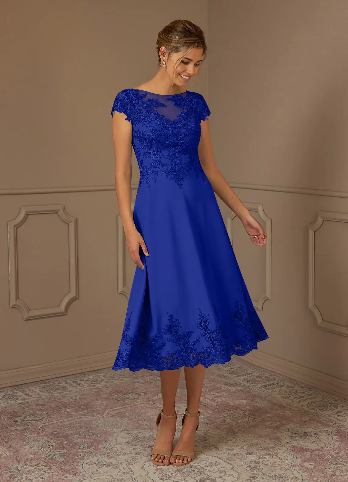 Wholesa A-Line Scoop Lace Lace Tea Length Royal Blue formal dresses evening dress Mother of the Bride Dresses