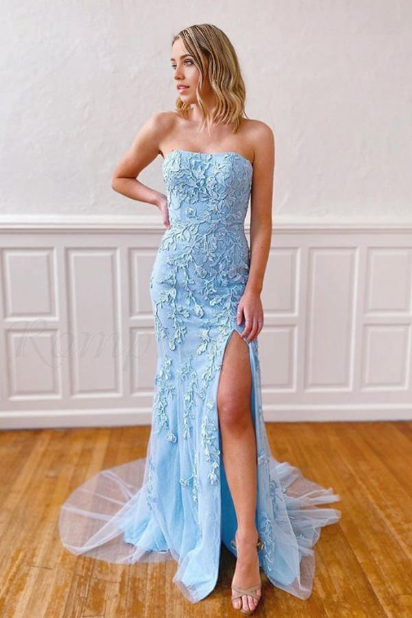 Wholesa Mermaid Strapless Sky Blue Split Prom Dresses Formal Dress With Lace