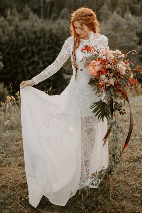Wholesa A-line Beach Scoop Neck Backless Long Sleeves Wedding Dresses