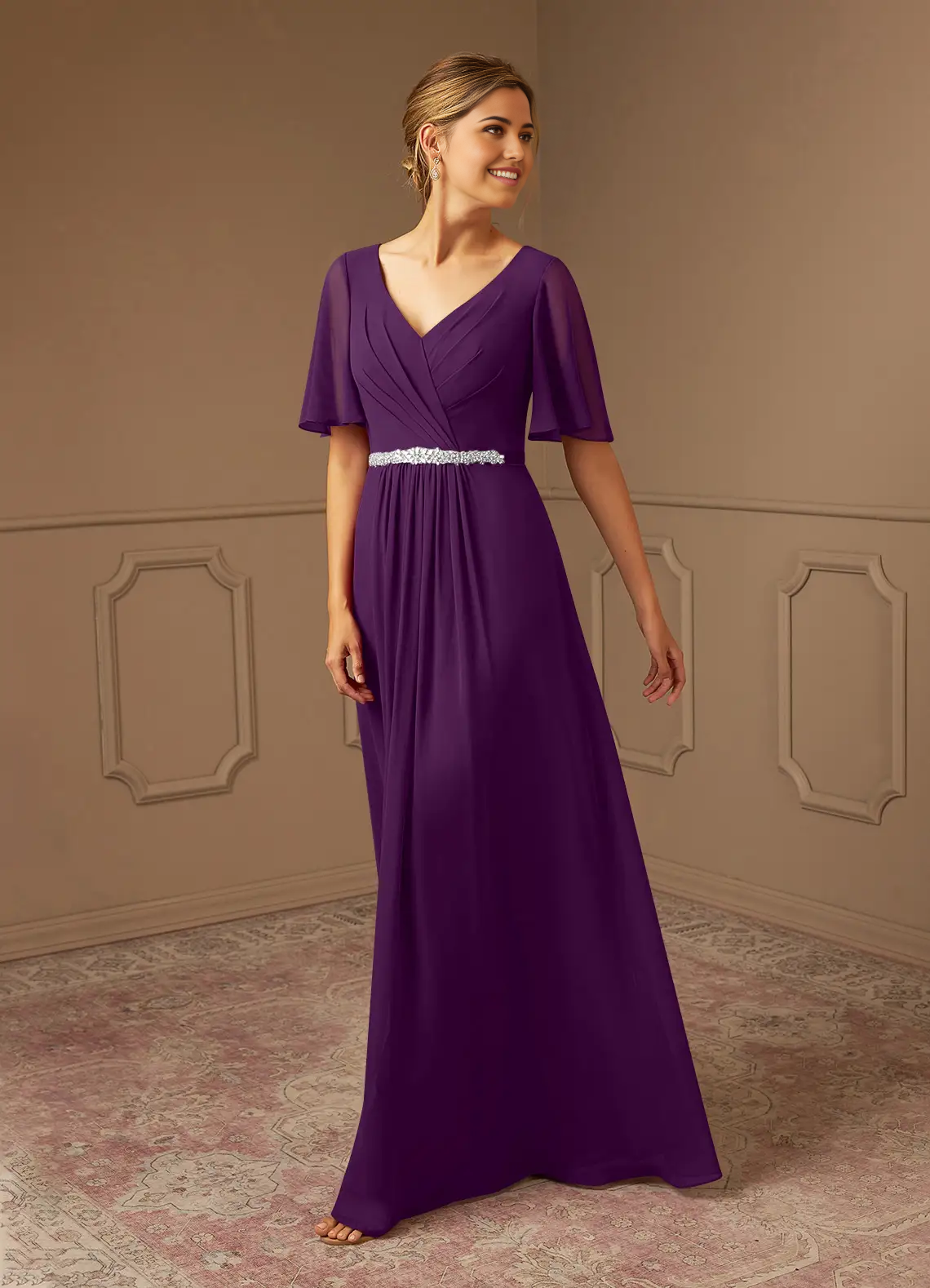 Wholesa A-Line V-Neck Pleated Chiffon Grape formal dresses evening dress Mother of the Bride Dresses