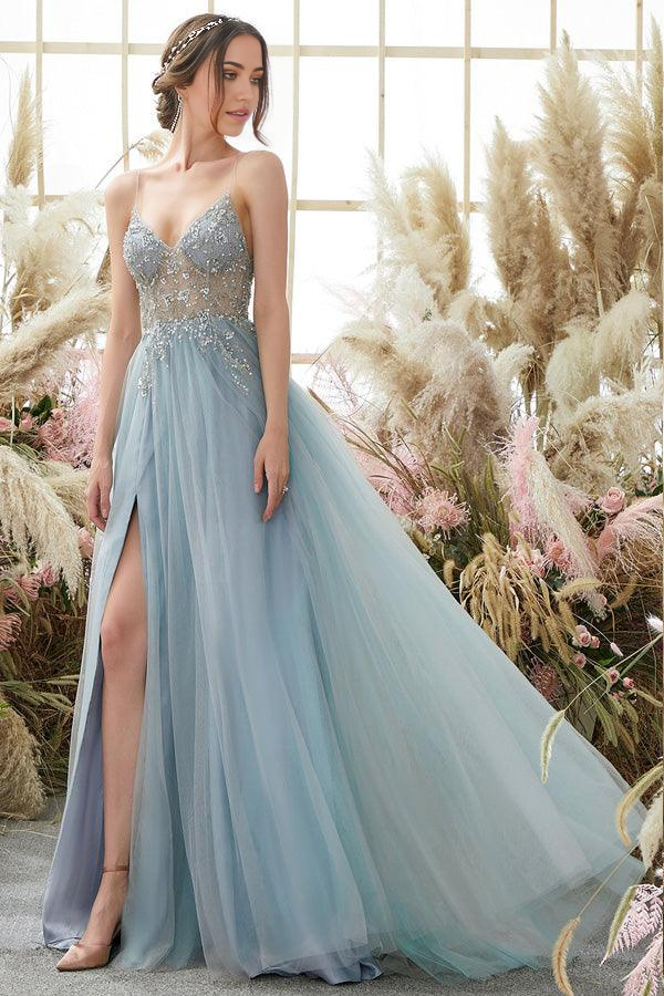 Wholesa A-line Light Blue Tulle Prom Dresses Beading Evening Dresses