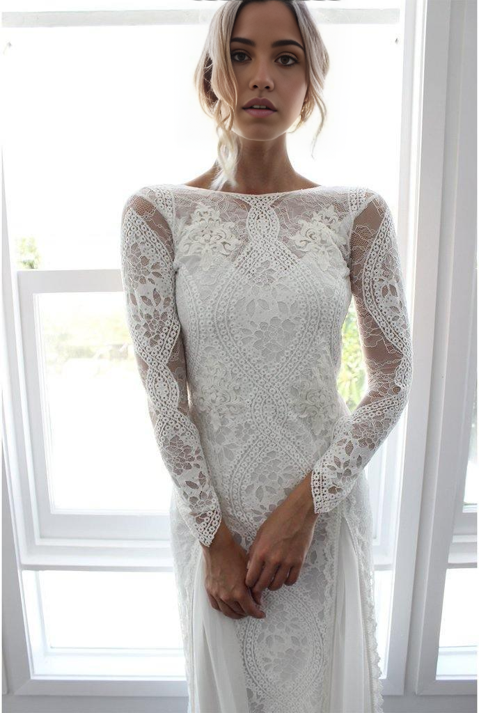 Wholesa Sheath/Column Lace Long Sleeve Open Back Bridal Gown Wedding Dress