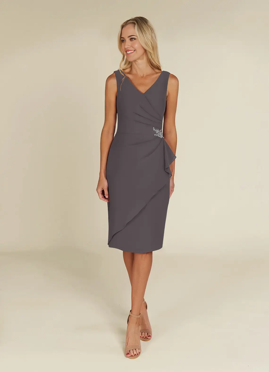 Wholesa Sheath V-Neck Pleated Chiffon Steel Grey formal dresses evening dress Mother of the Bride Dresses