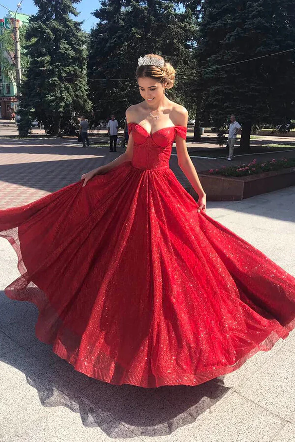 Wholesa A-line Off Shoulder Sparkly Tulle Long Prom Dresses Evening Dresses