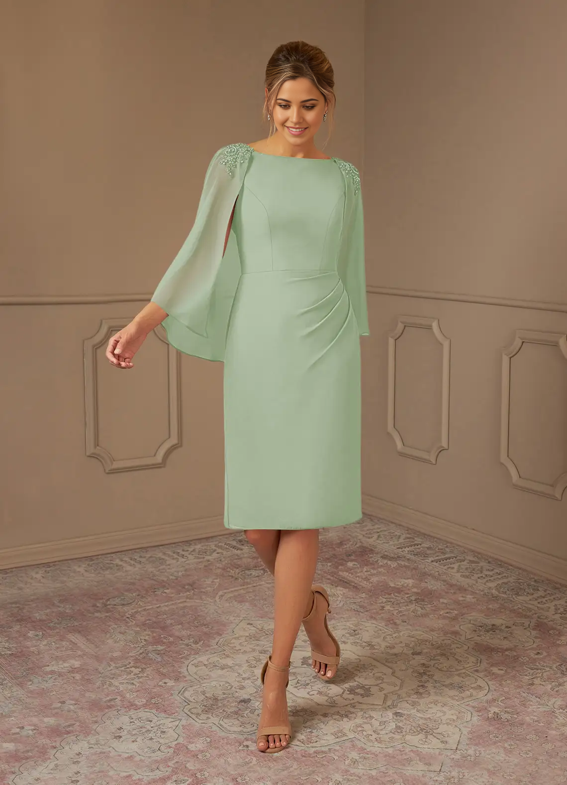 Wholesa Sheath Lace Chiffon Tea Length Dusty Sage formal dresses evening dress Mother of the Bride Dresses