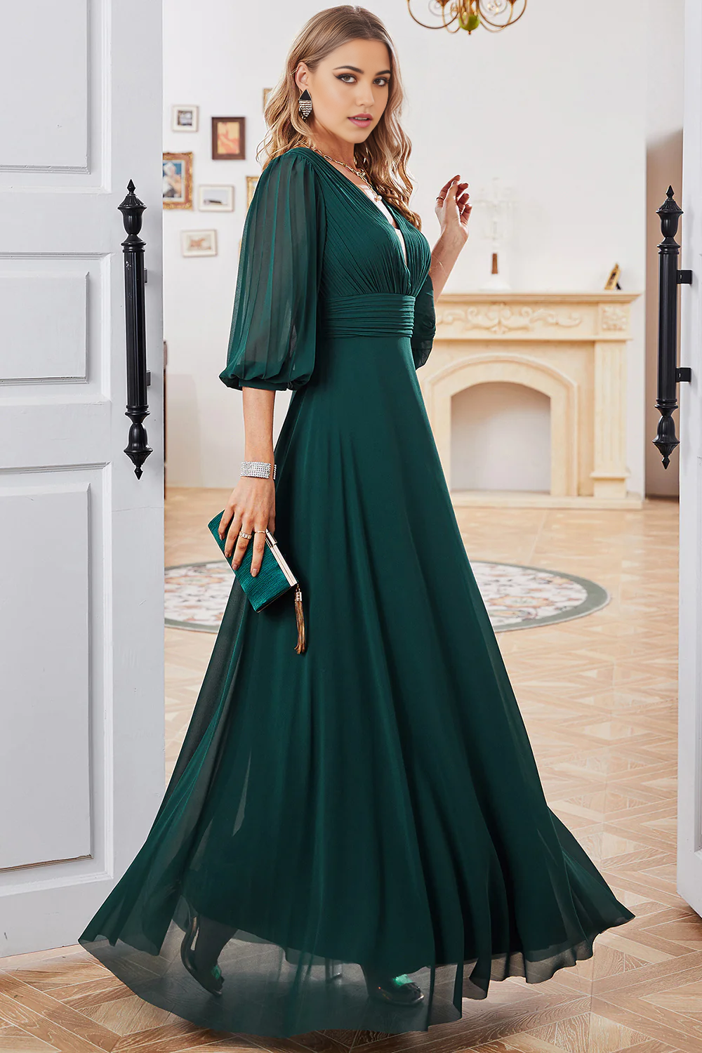 Wholesa A-line Long Sleeves V-neck Mother of Bride Dress