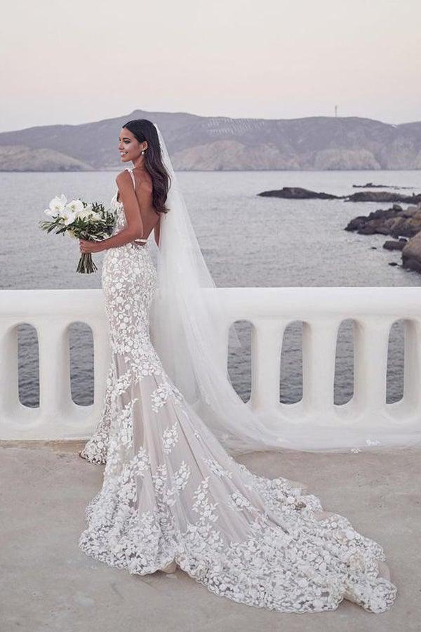 Wholesa Mermaid Lace Appliqued Straps Gowns Wedding Dresses