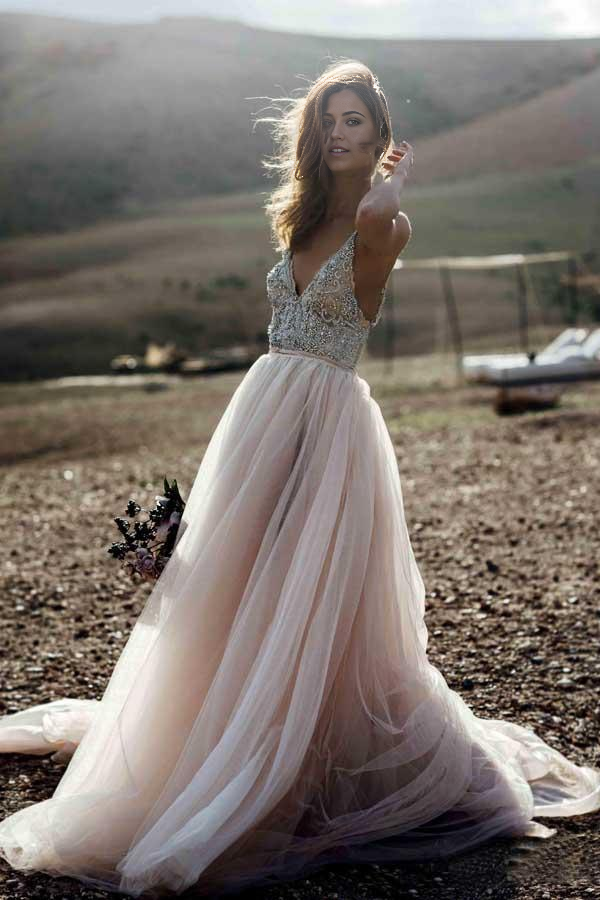 Wholesa A-line V-neck Sparkle Beading Backless Bridal Gowns Wedding Dresses