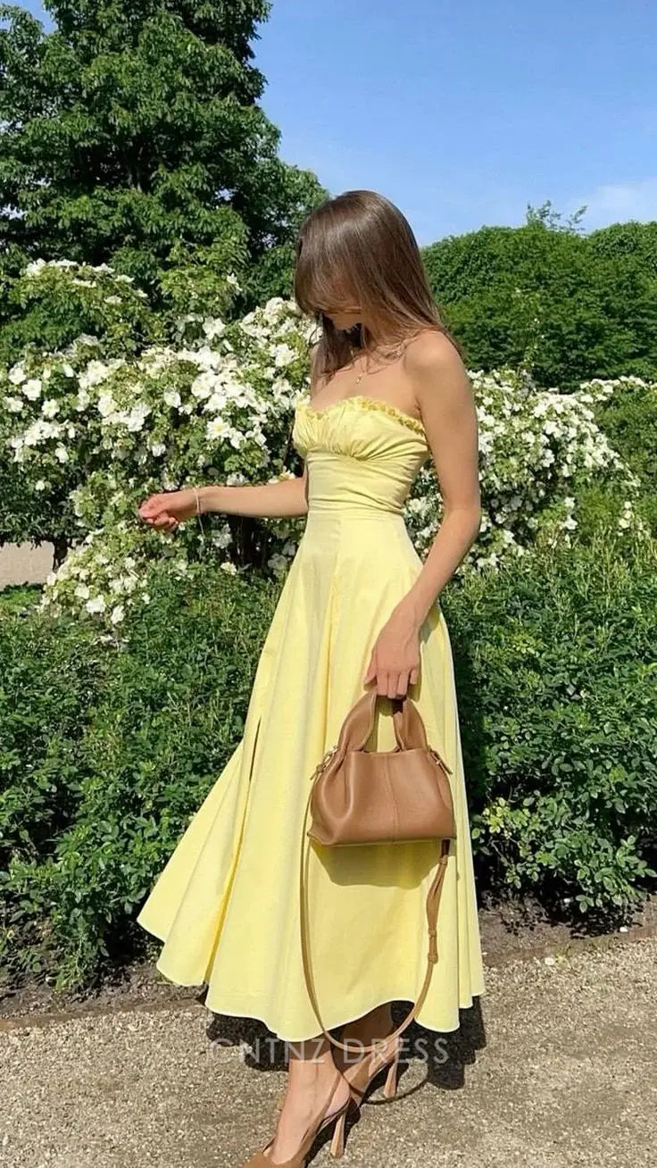 Wholesa A Line Strapless Strapless Cute Yellow formal dresses Bridesmaid Dresses evening gown Prom Dress