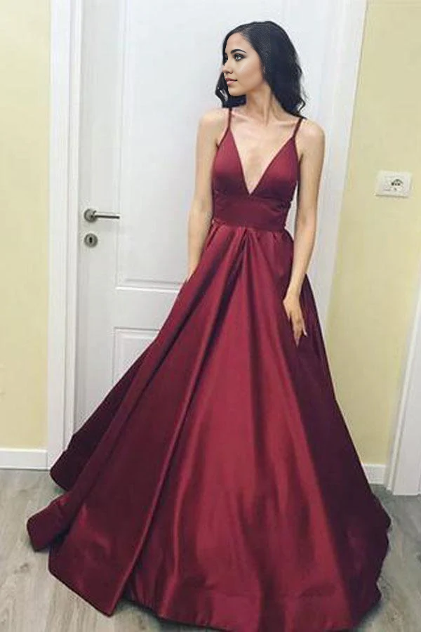 Wholesa A-line Simple V-Neck Floor-Length Satin Burgundy Prom Dress with Pockets